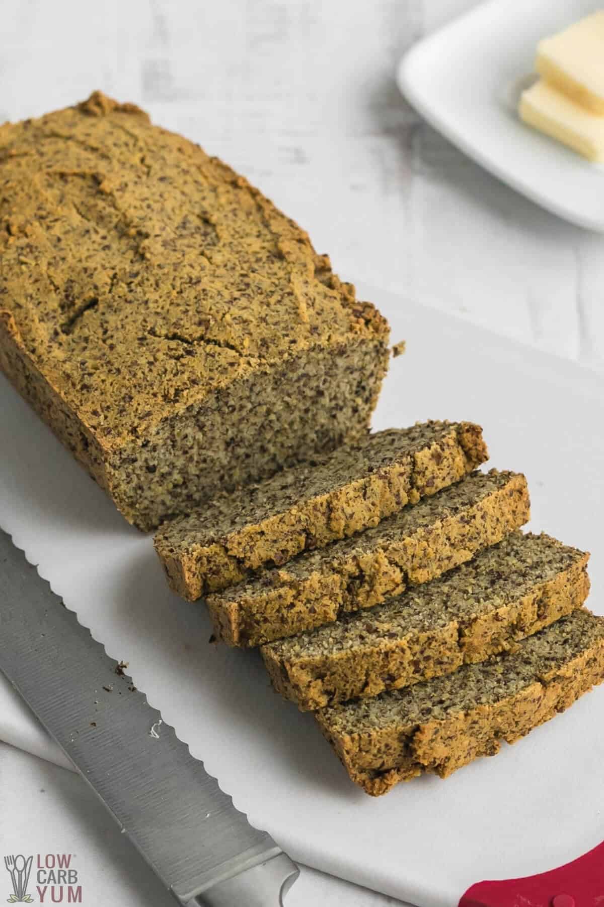 sliced keto flax meal bread on cutting board