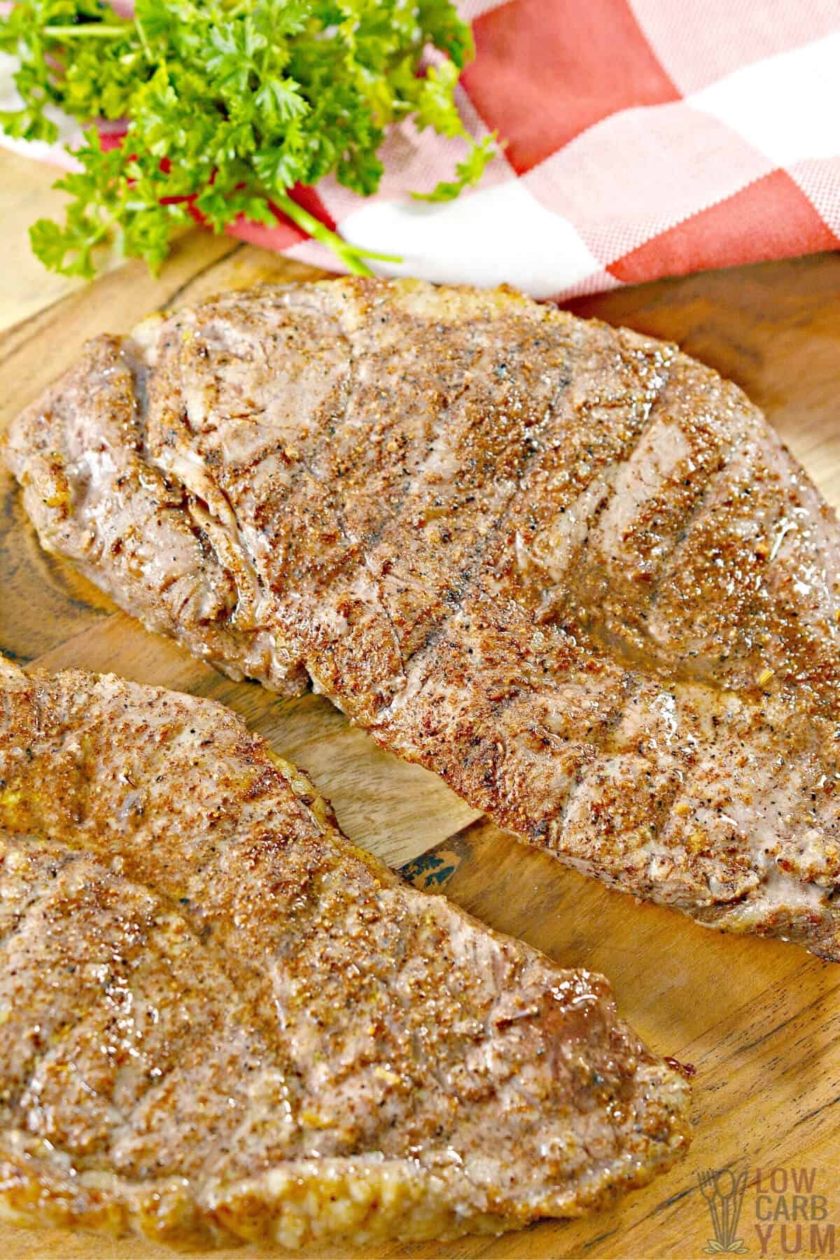 air fryer steaks on cutting board