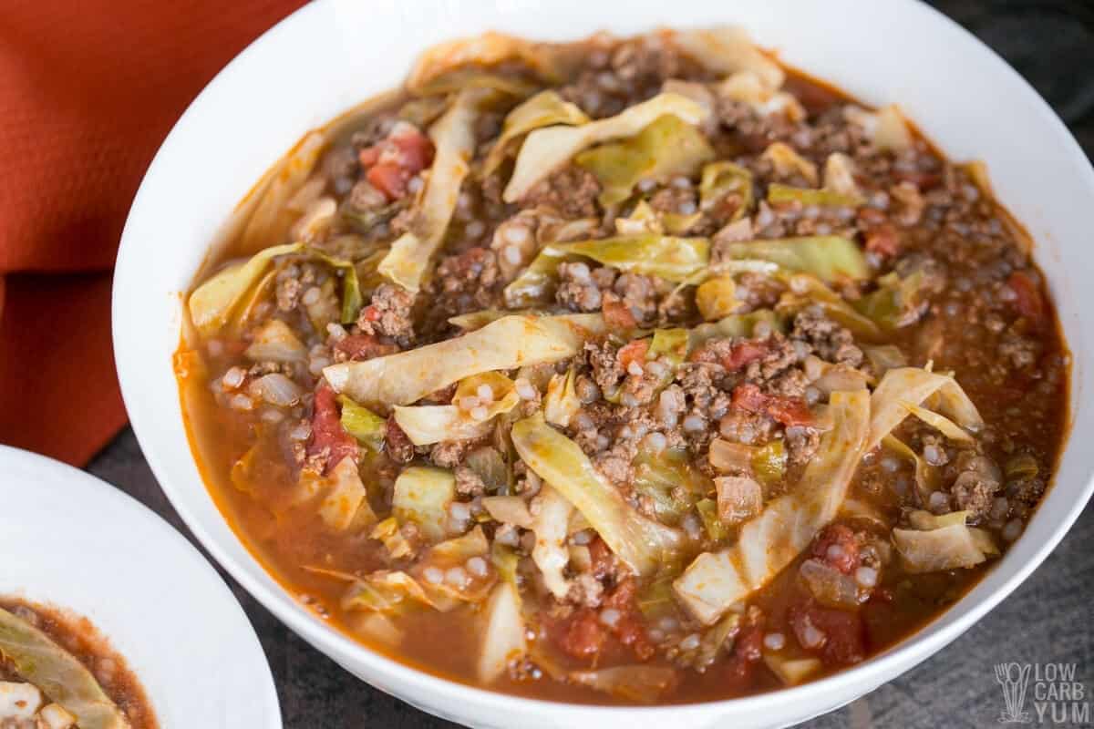 cabbage soup in large white bowl