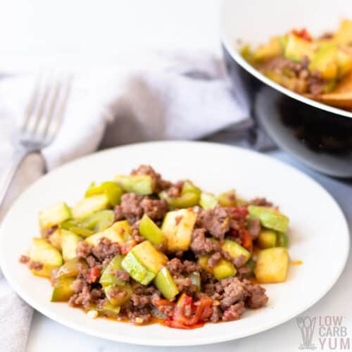 Ground Beef & Bacon Skillet Hash with Zucchini, Tomatoes & Cheddar