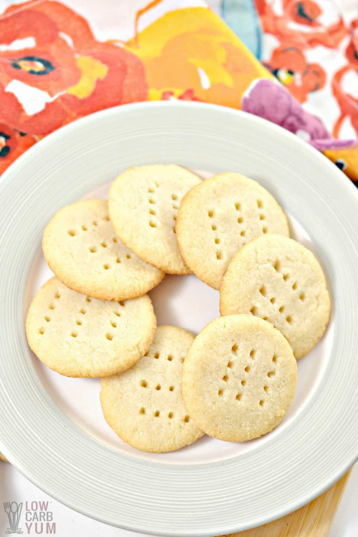 overhead of butter cookies on plate