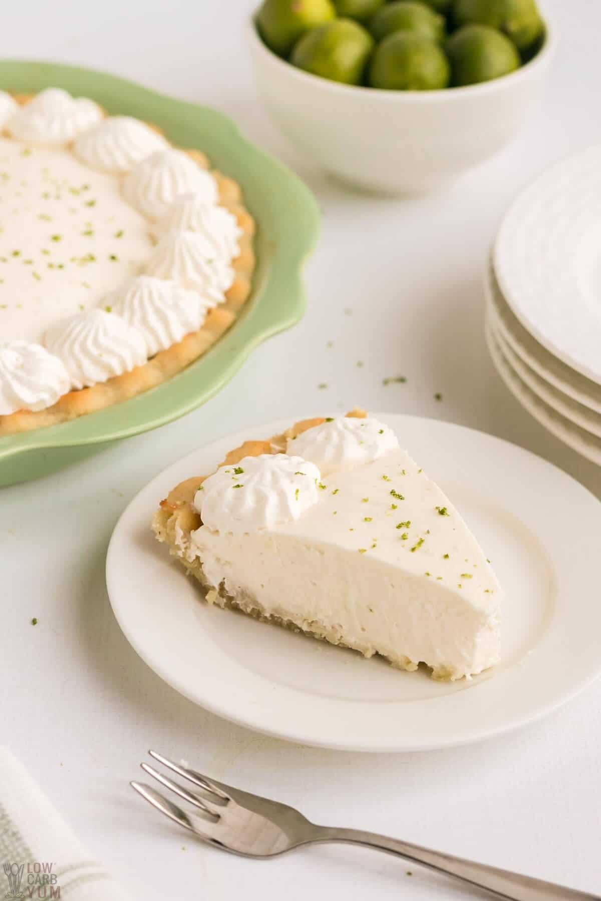 slice of keto low carb key lime pie on white plate