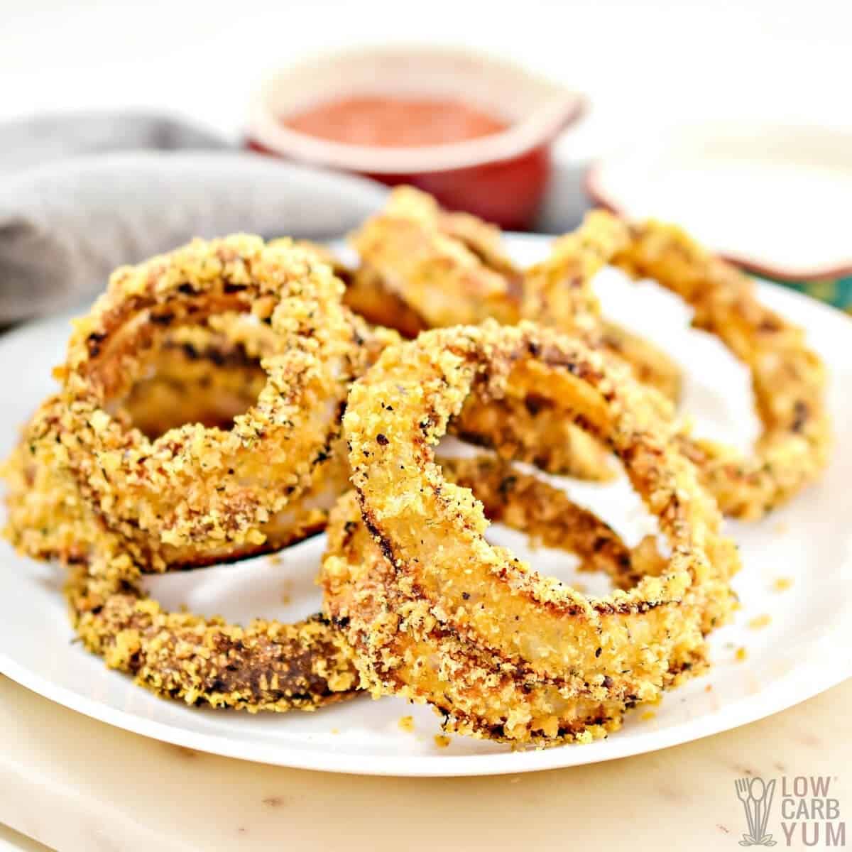 keto onion rings on a white plate