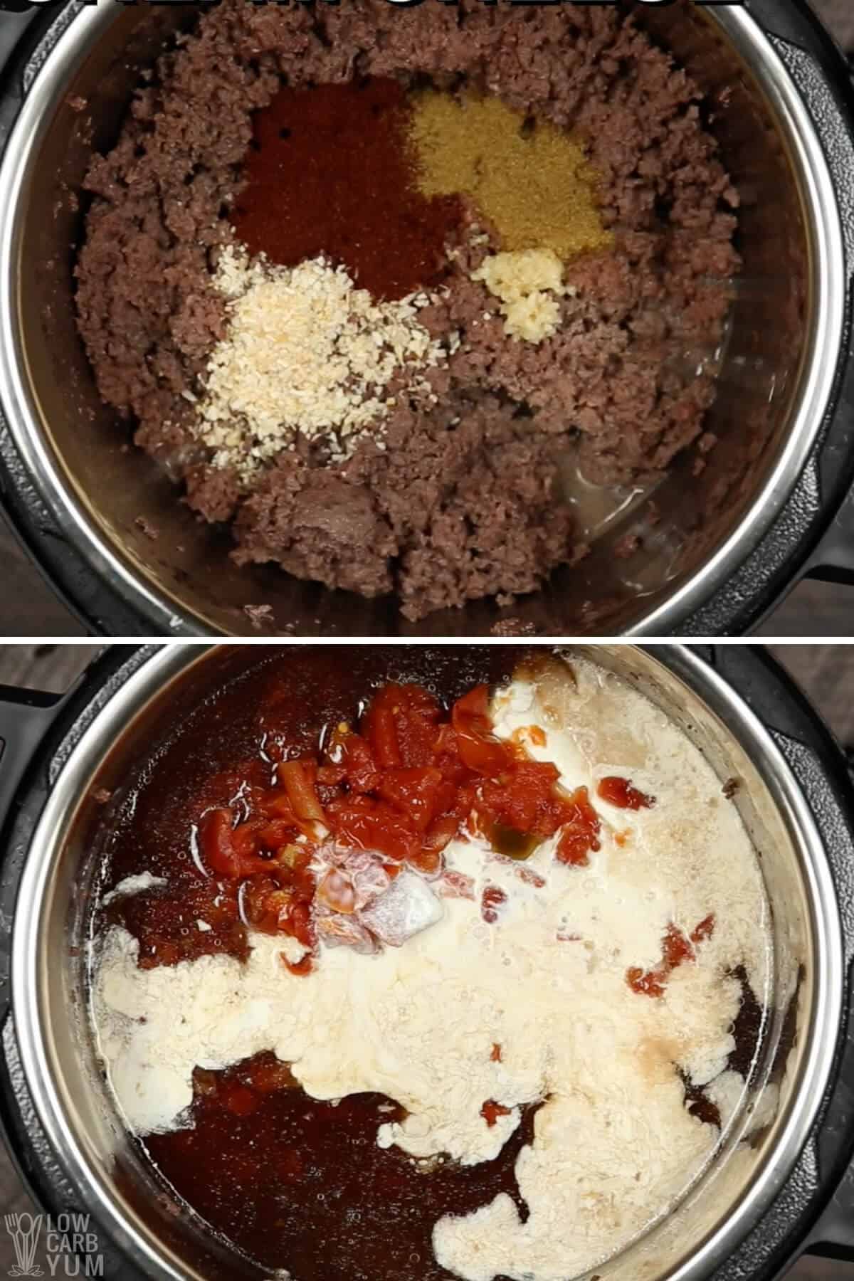 ground beef, tomatoes, broth and spices in a pressure cooker