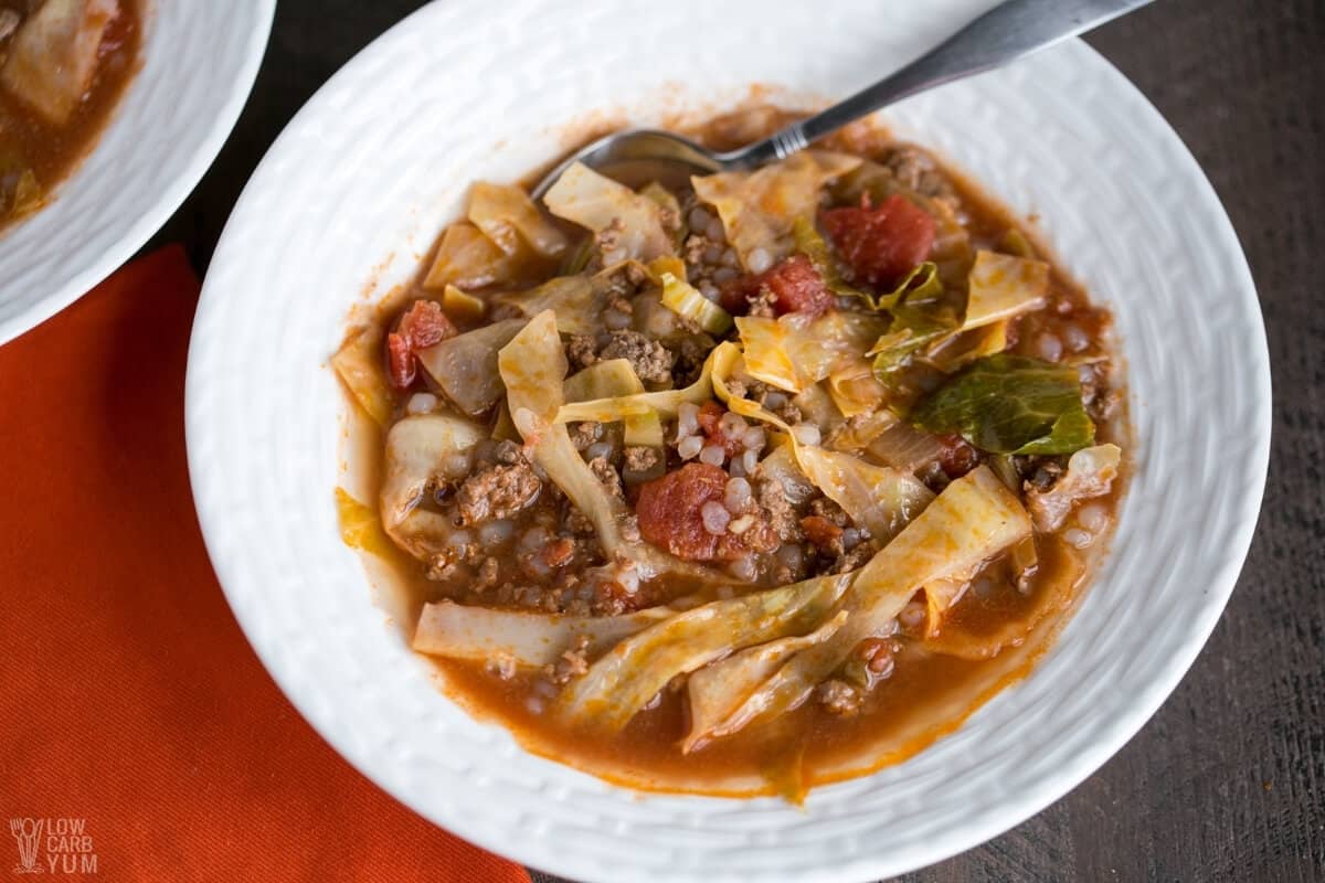 unstuffed cabbage soup in white bowl