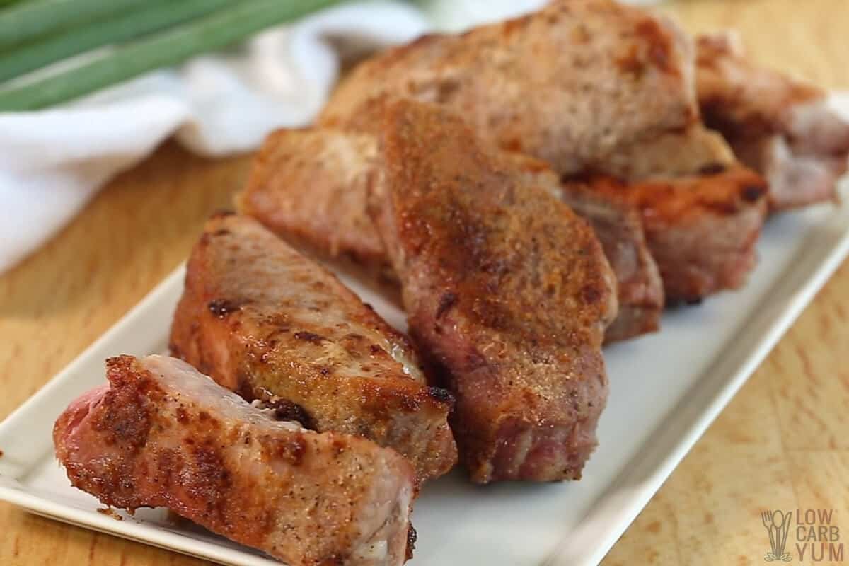 boneless pork ribs on rectangular platter