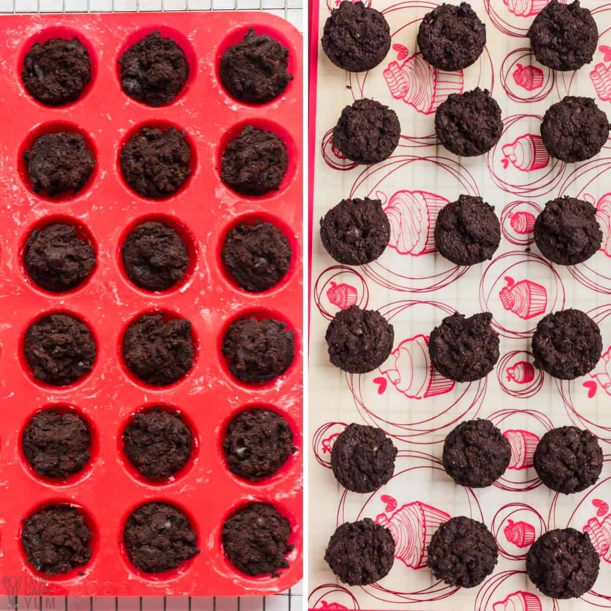 baked brownie bites in and out of mini muffin molds