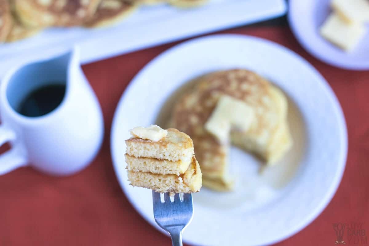 closeup of pancakes on fork bite
