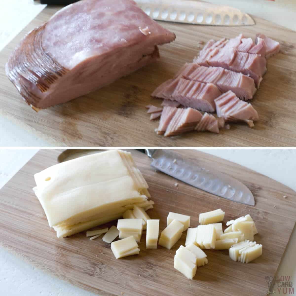 slicing ham and swiss cheese