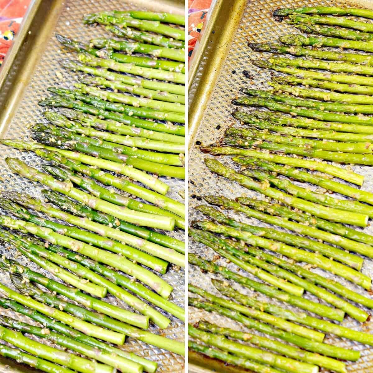 garlic roasted asparagus before and after baking