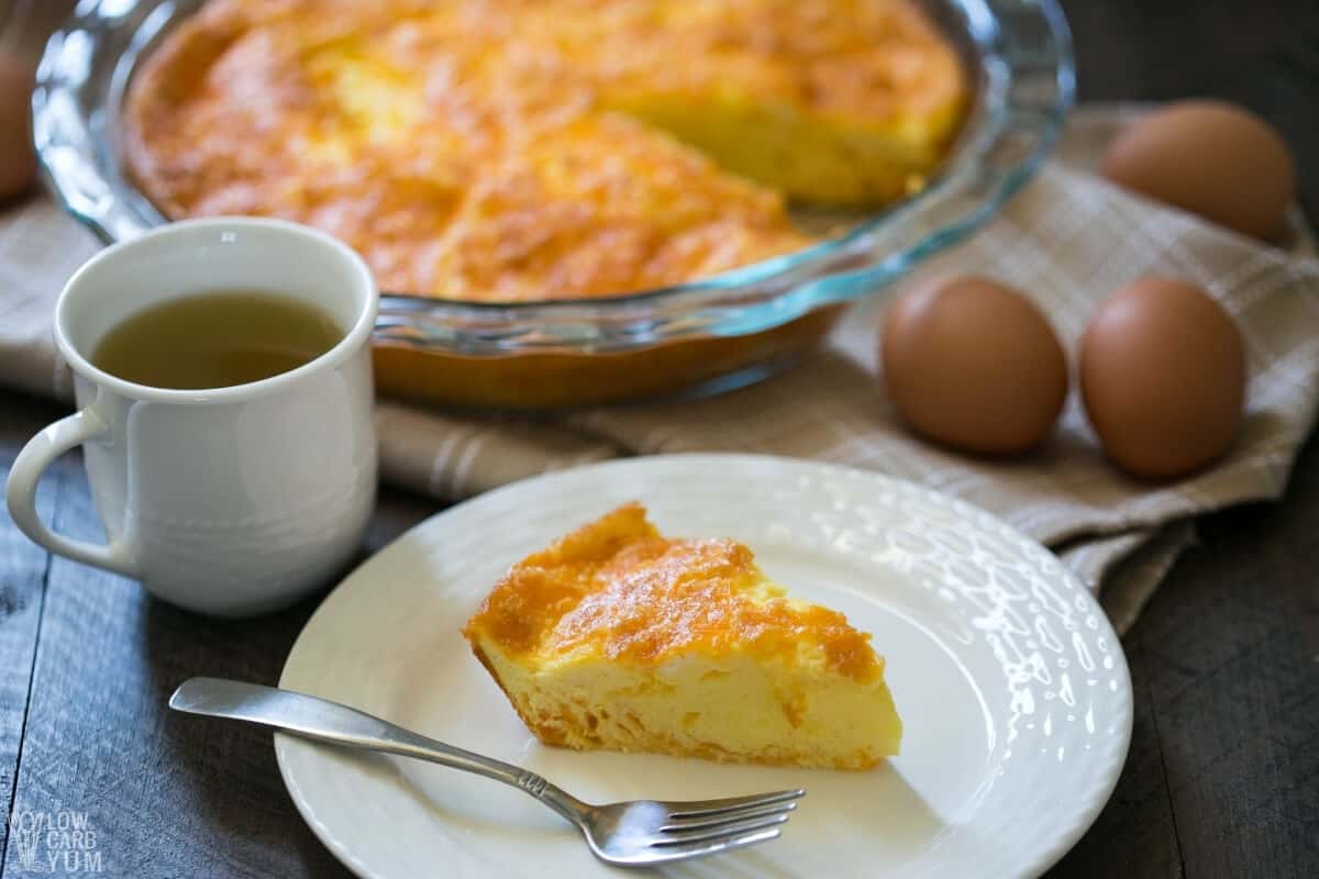 keto egg fast quiche crustless slice on white plate