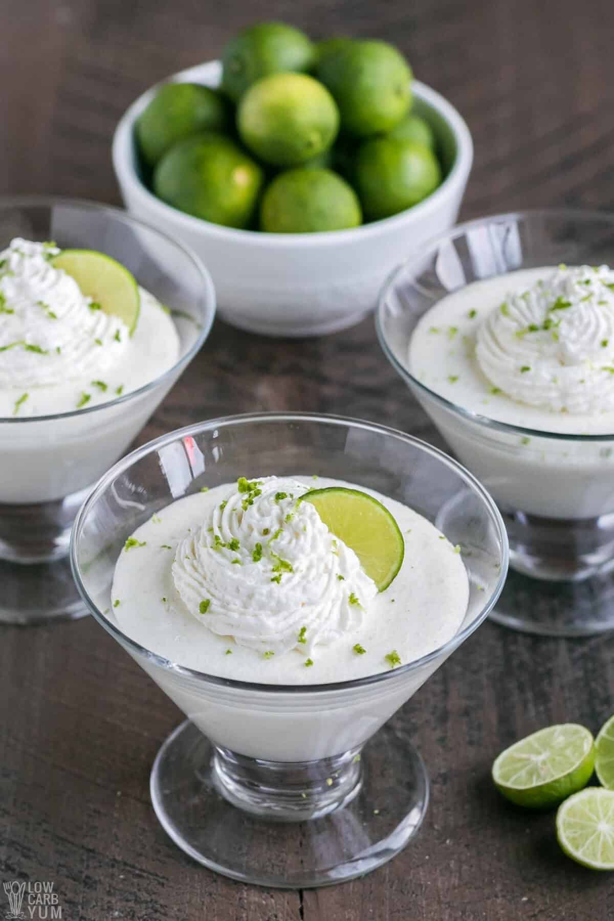 key lime mousse in glass dessert dishes