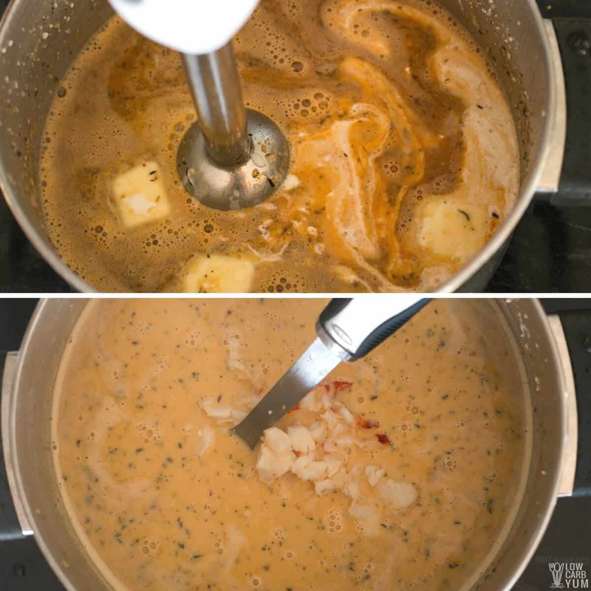 using immersion blender to puree soup before adding lobster meat