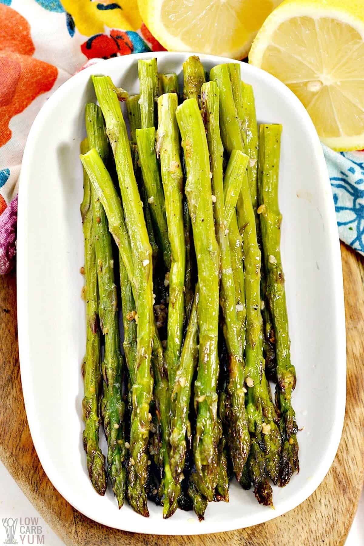 oven roasted asparagus spears on platter