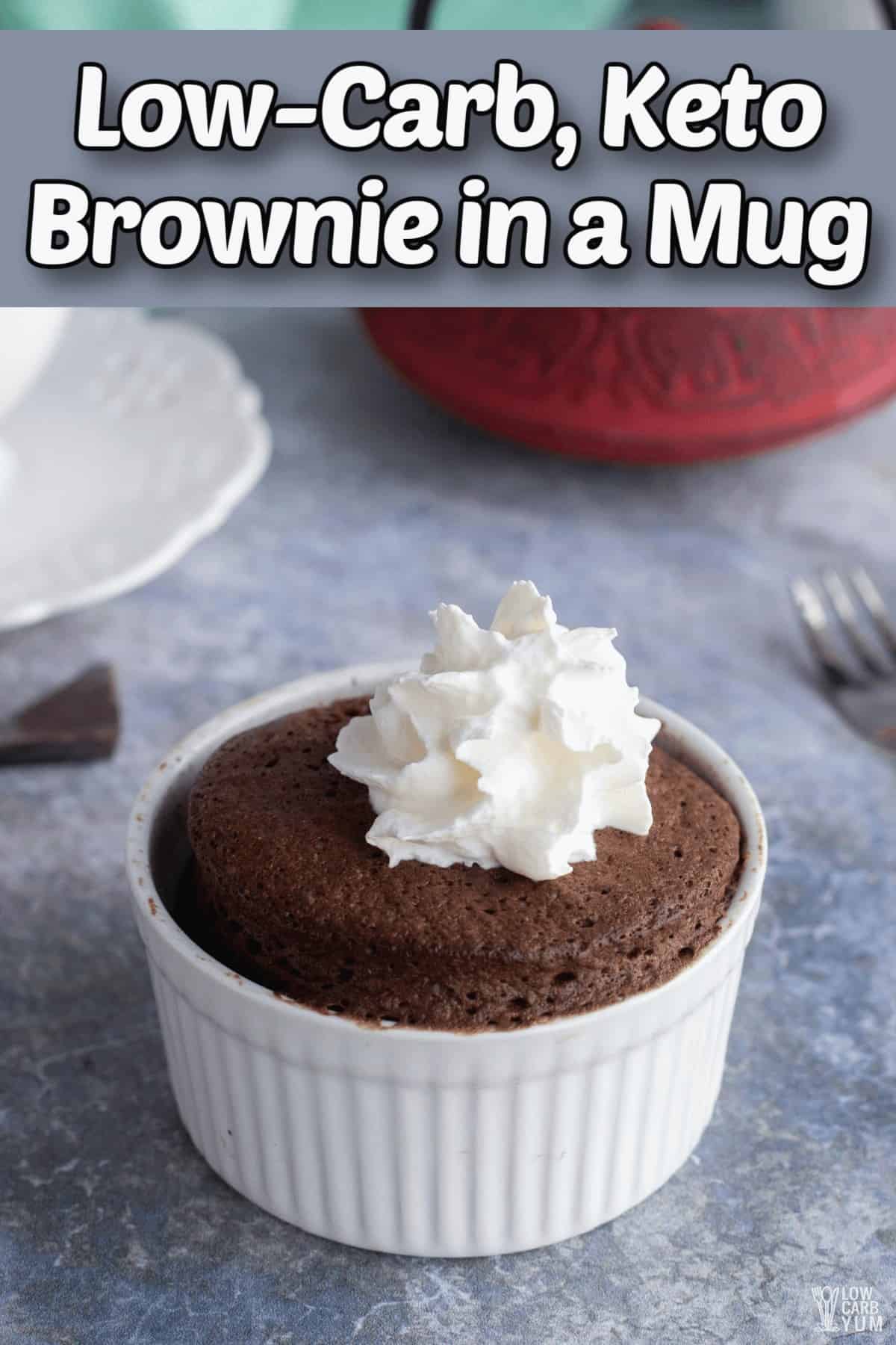 low carb ketoe brownie in a mug pintrest image