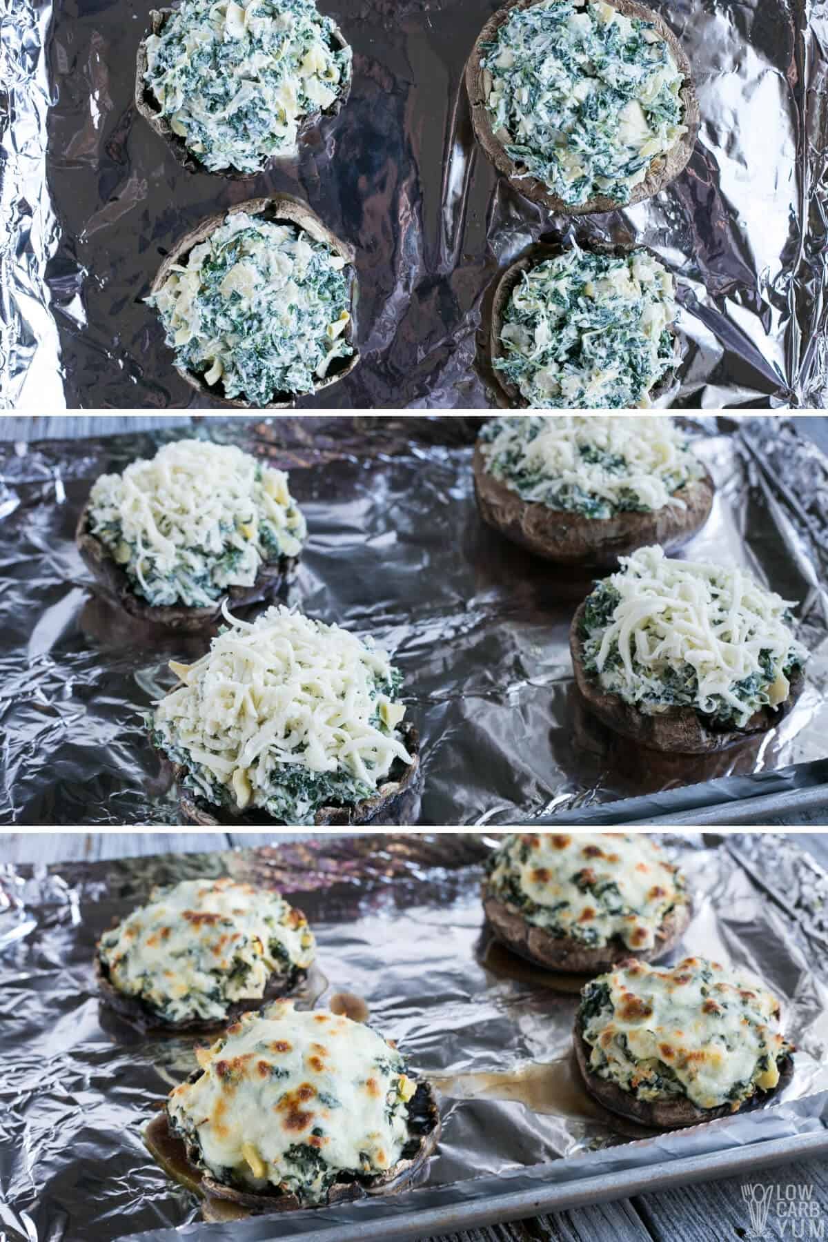 assembling and baking stuffed portobello mushrooms with spinach filling