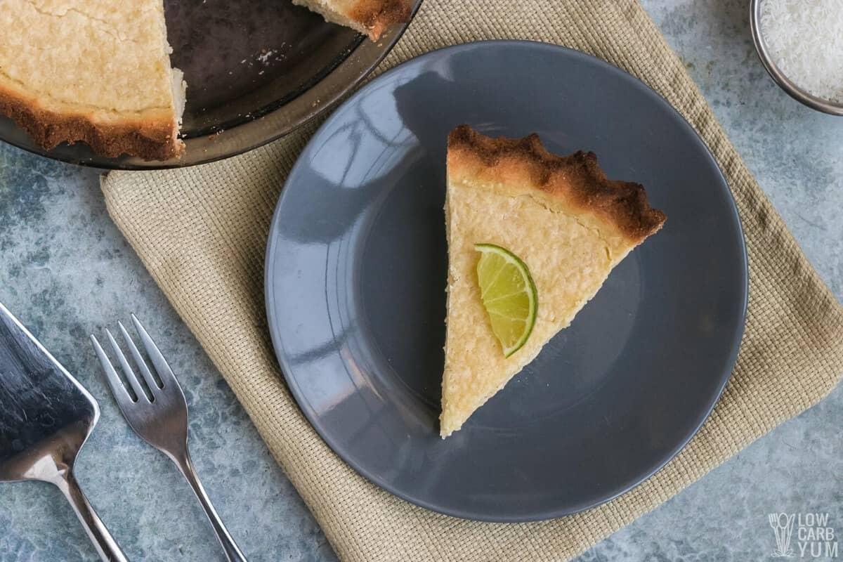 coconut key lime pie slice on gray plate