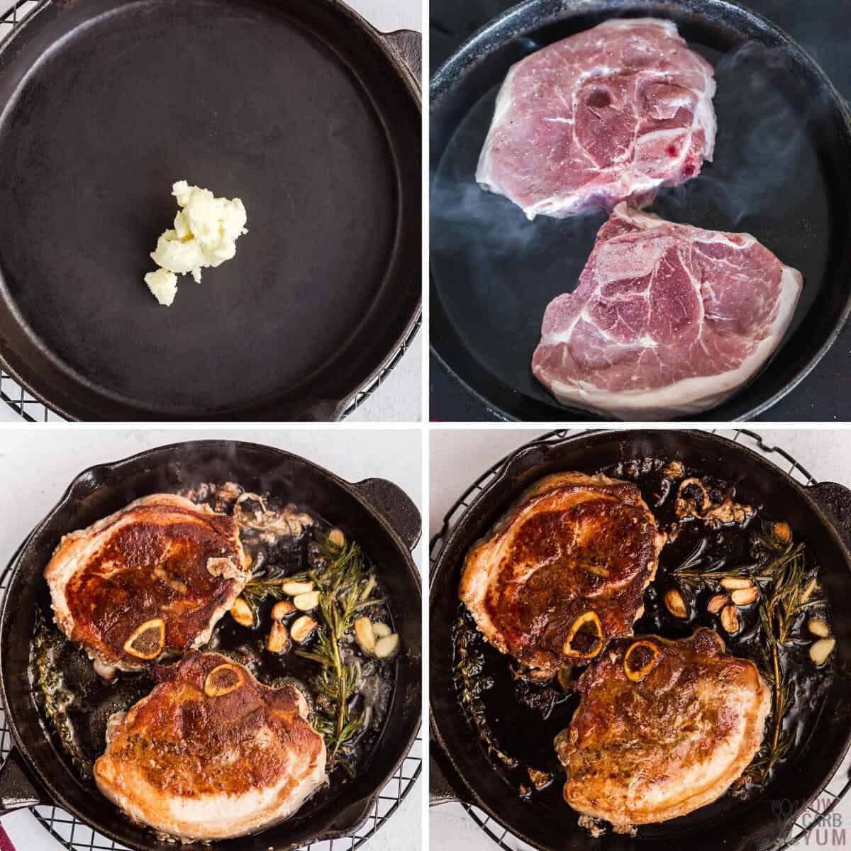 recipe steps collage cooking meat in cast iron skillet