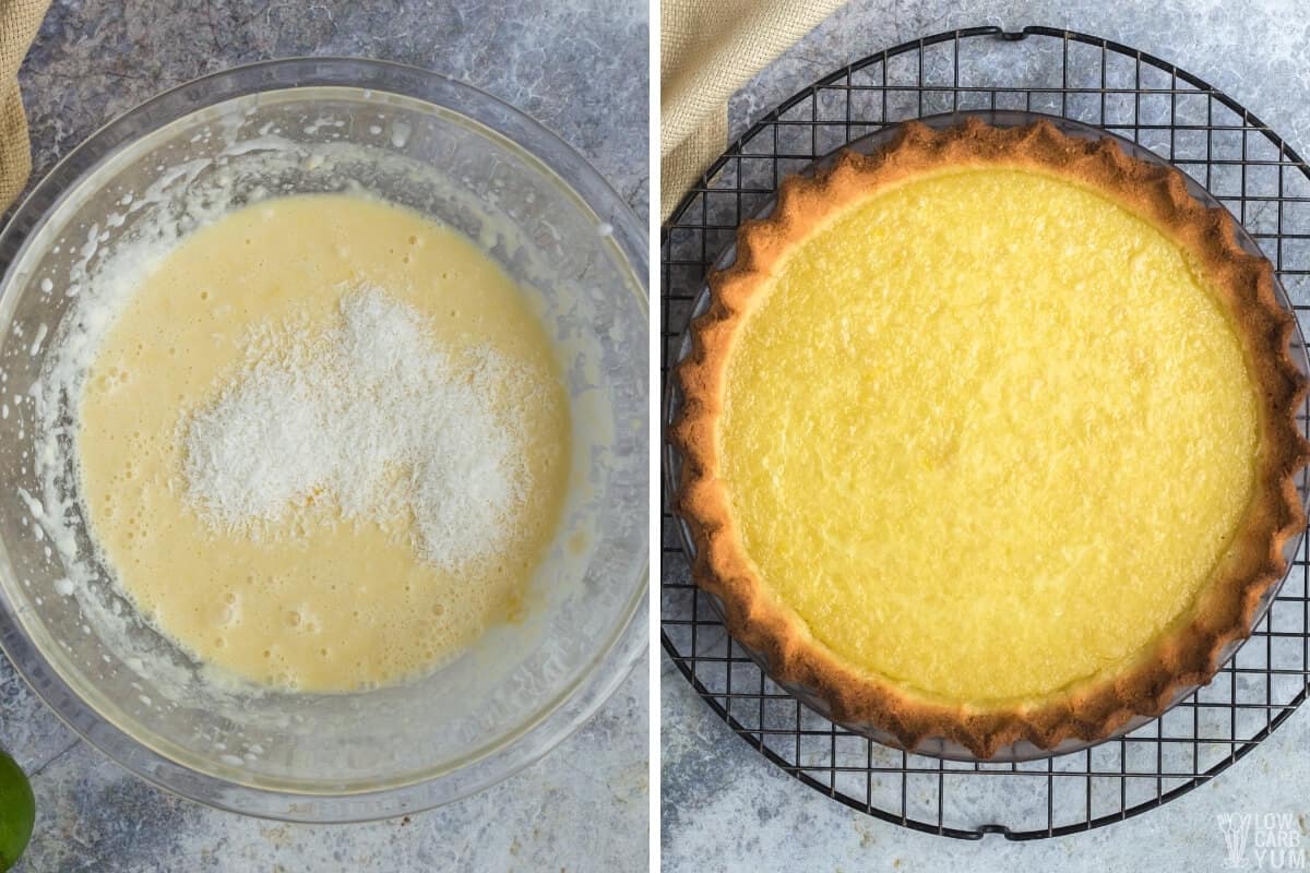 adding coconut to filling and cooling baked pie