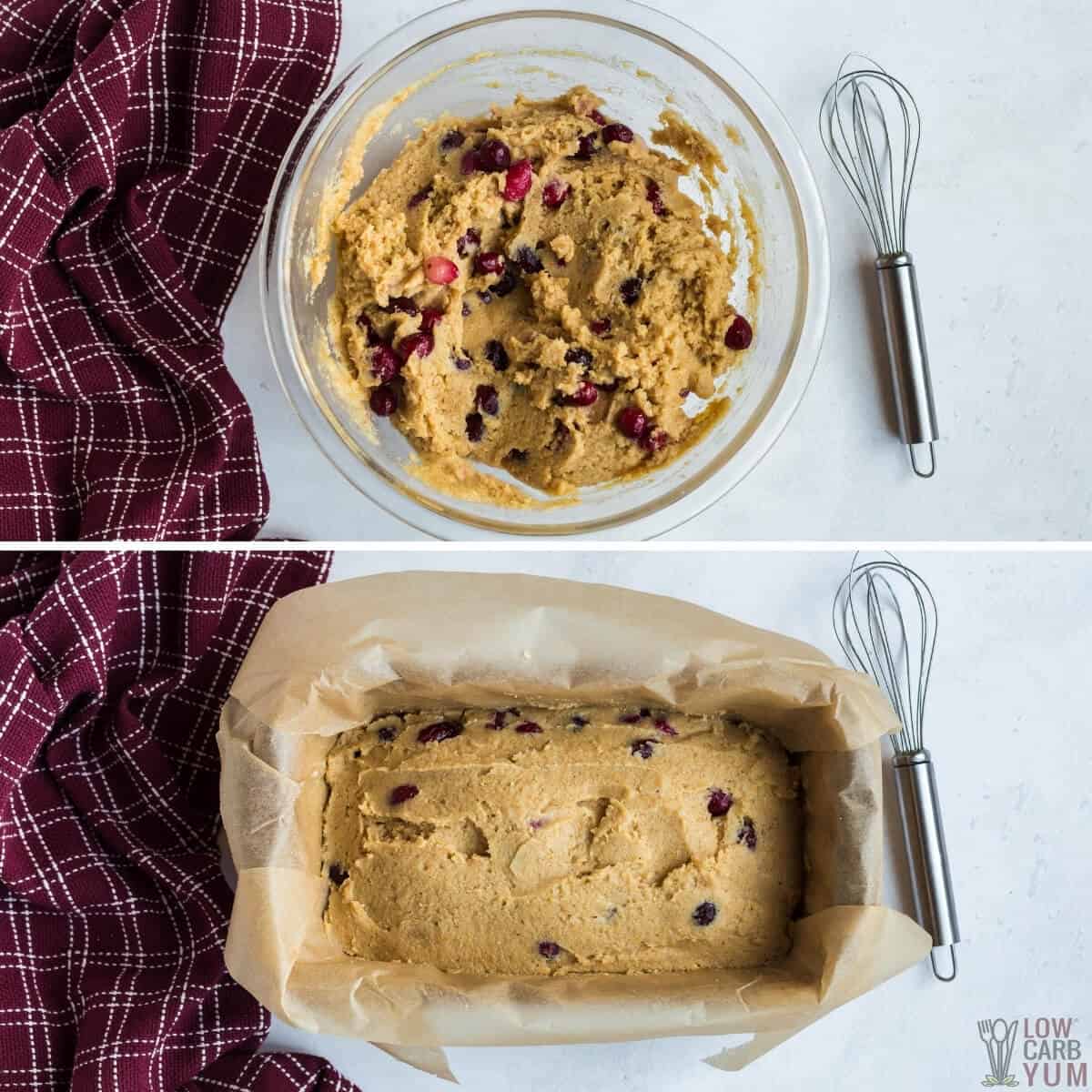 cranberry bread batter in bowl and lined loaf pan