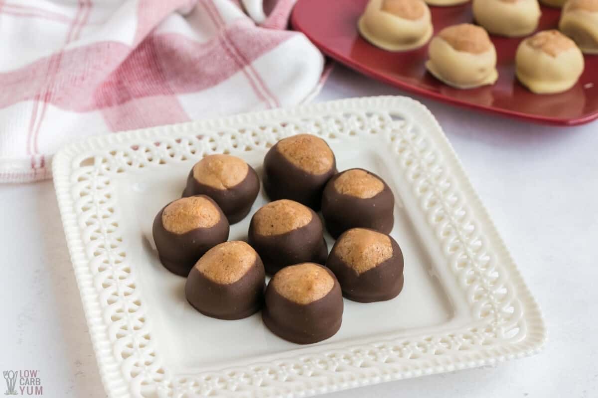 chocolate buckeyes on plate and in bowl