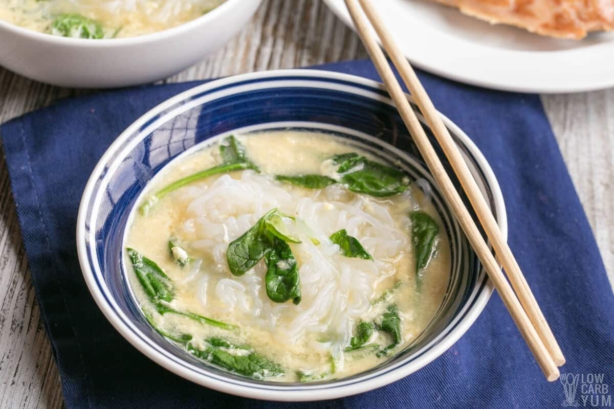 shiratake noodle keto ramen soup in bowl with wood chopsticks