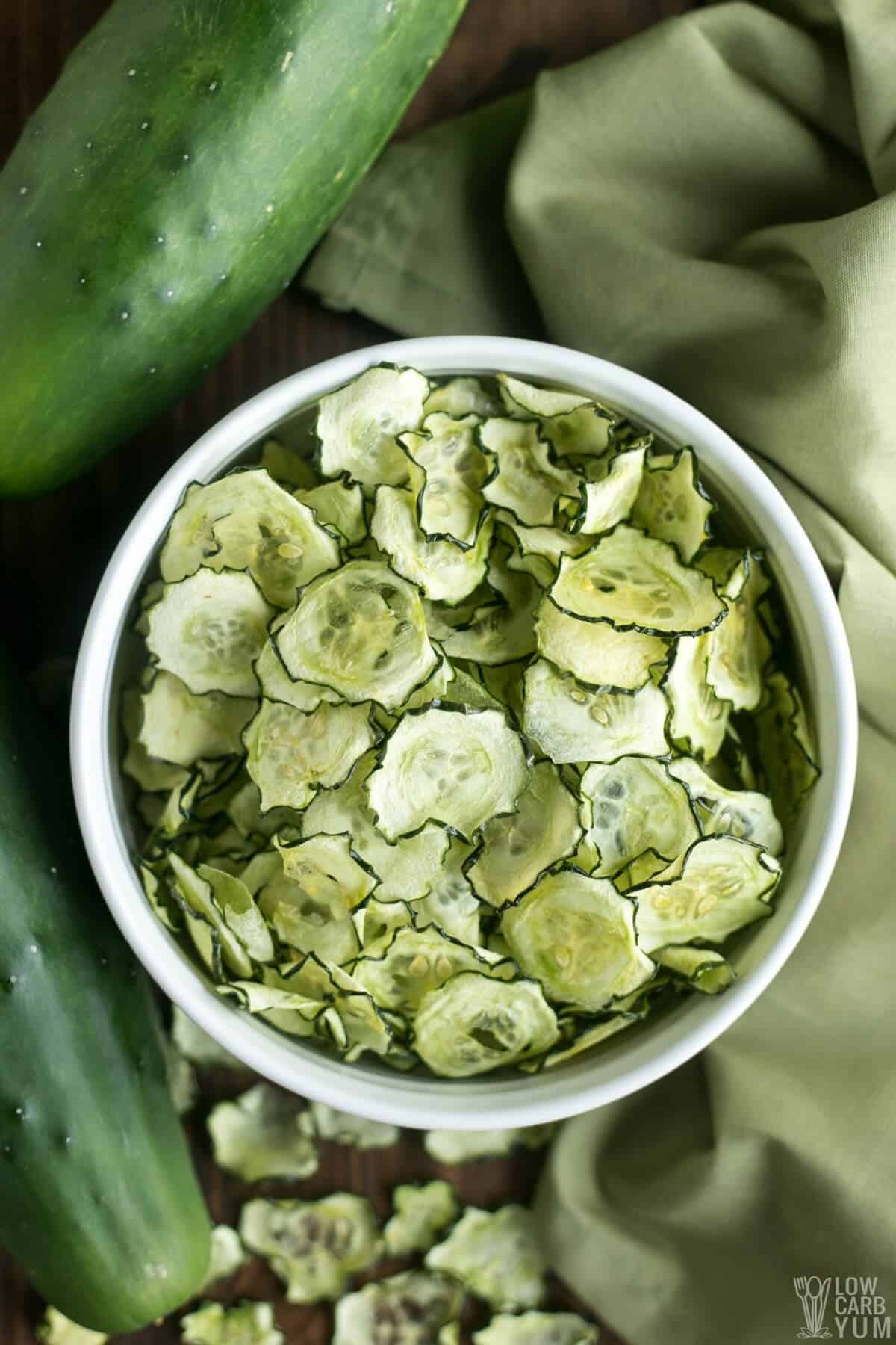 overhead of salt and vinegar cucumber chips in bowl