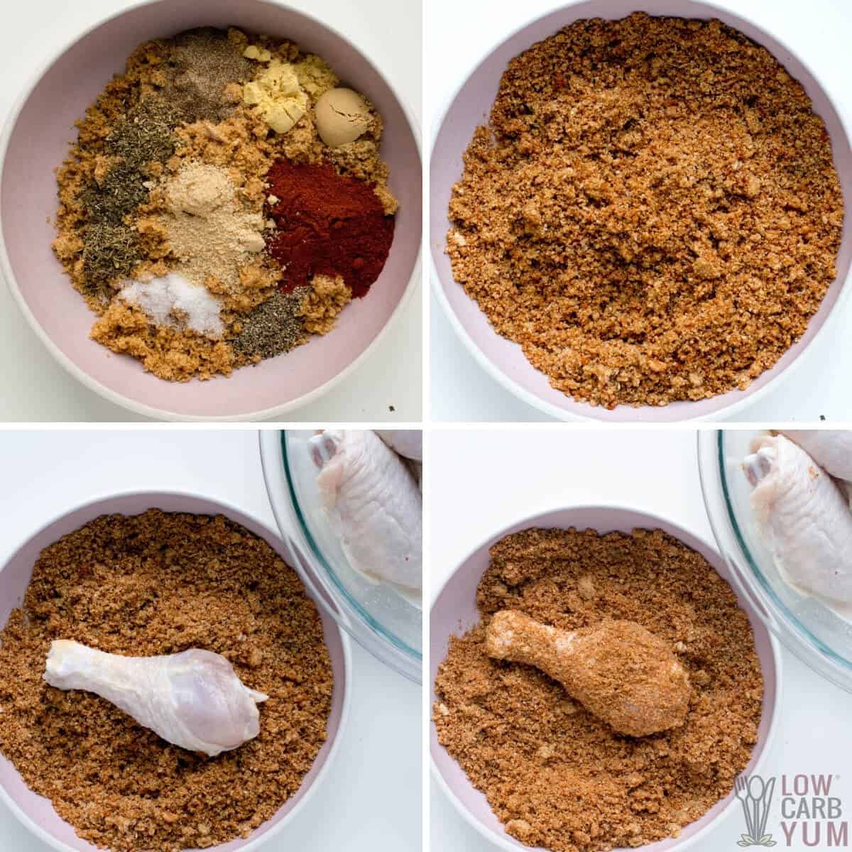 Dipping chicken in keto fried chicken pork rind coating