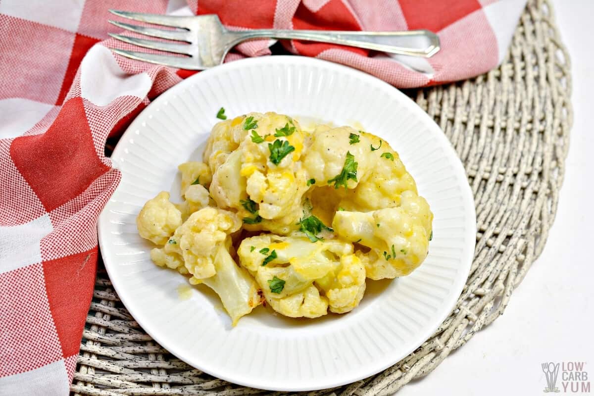 keto cauliflower mac and cheese on white plate