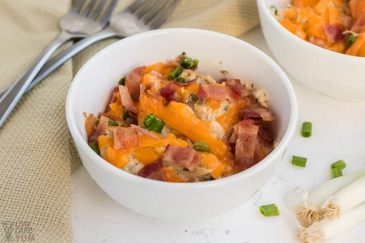 low carb crack chicken in white bowls