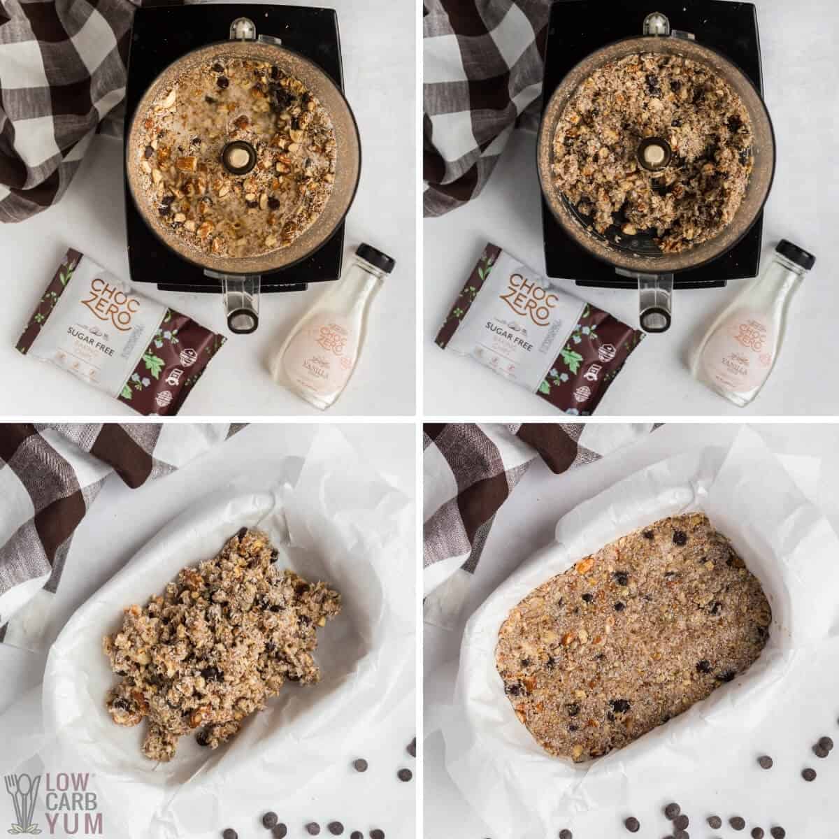 granola bar mixture in food processor and pressed in pan