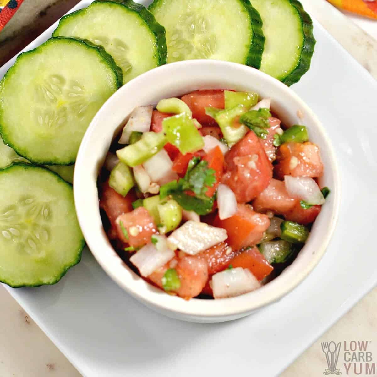 keto salsa in bowl with cucumber slices