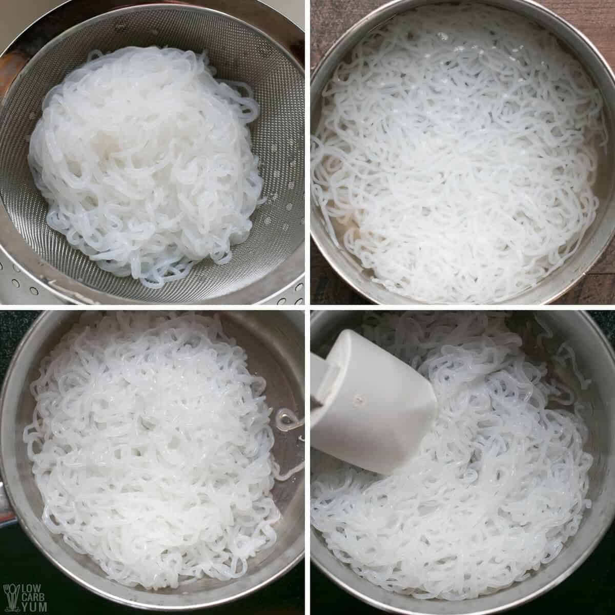 prepping the shiratake angel hair pasta