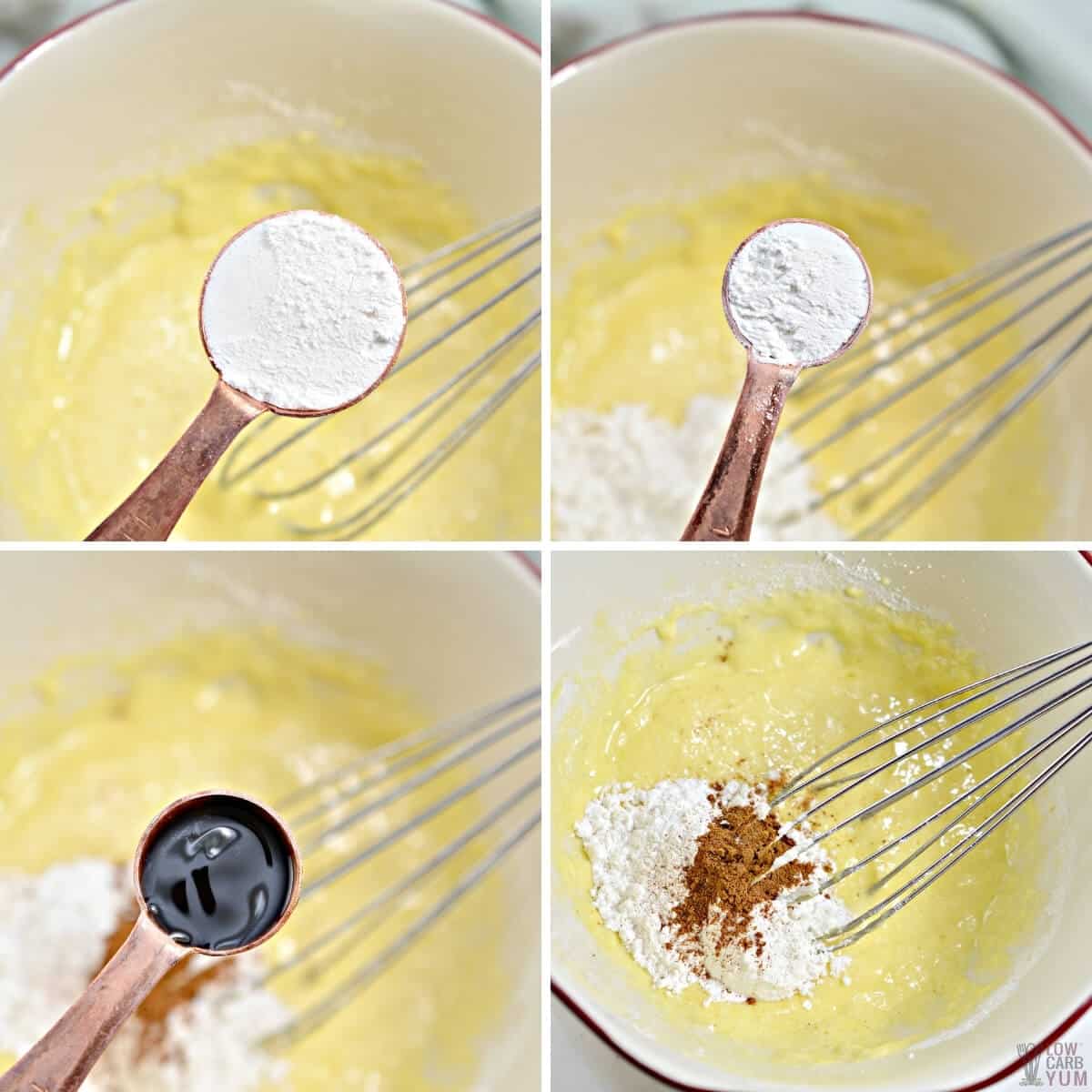 adding ingredients to make pancake batter
