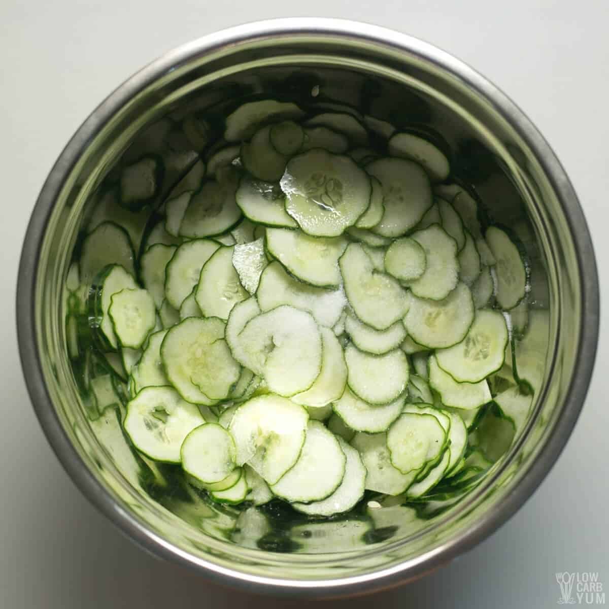 adding the salt and vinegar seasoning to cucumber slices