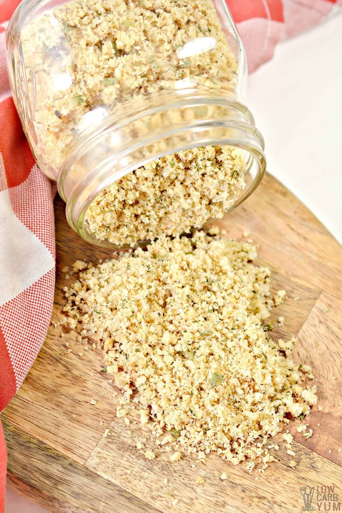 keto bread crumbs recipe finished pouring from mason jar