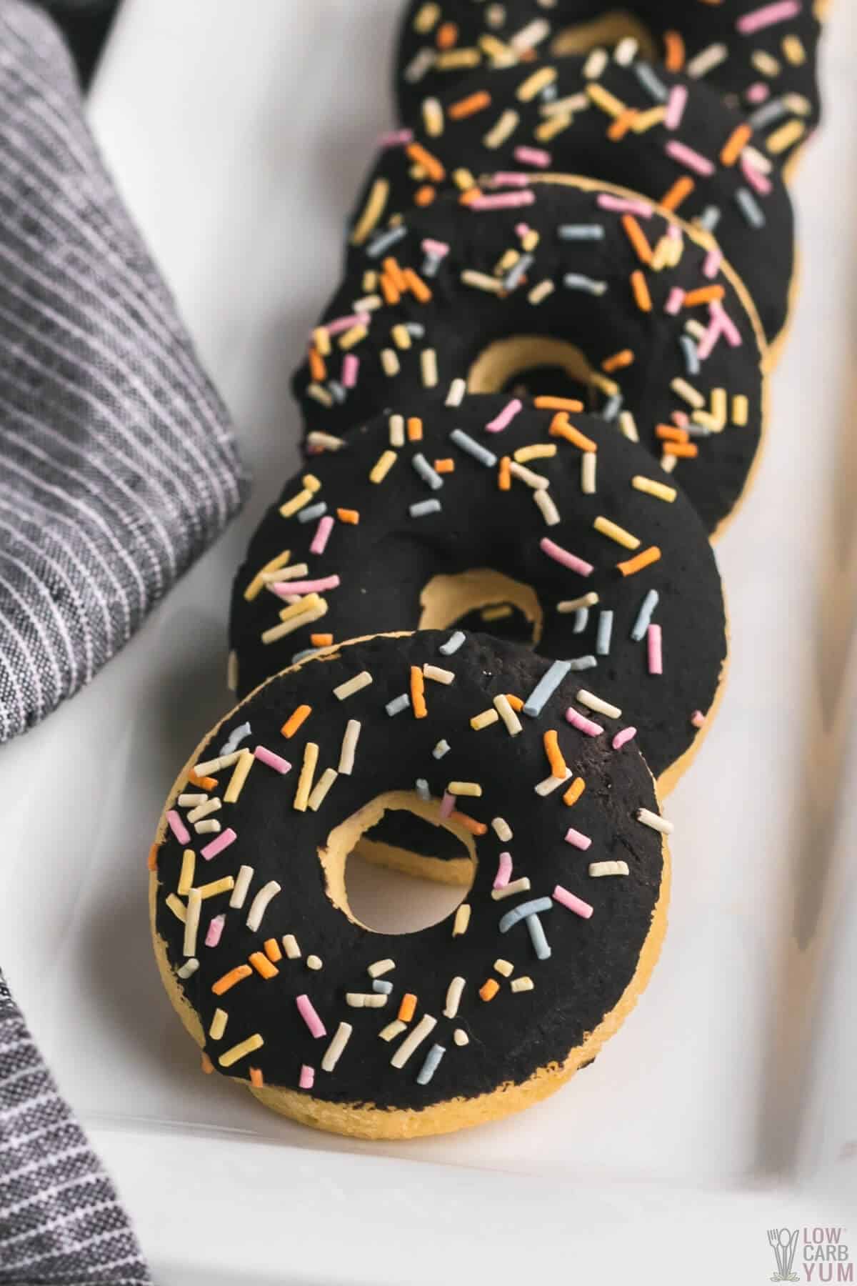 pancake mix donuts laid out on rectangular white plate