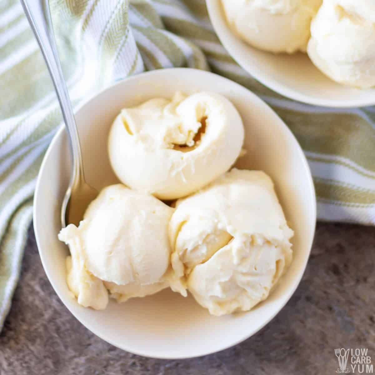 scoops of keto vanilla ice cream in bowl with spoon