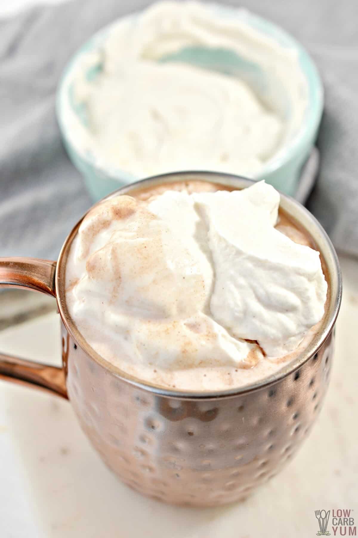 hot cocoa in mug with keto whipped cream
