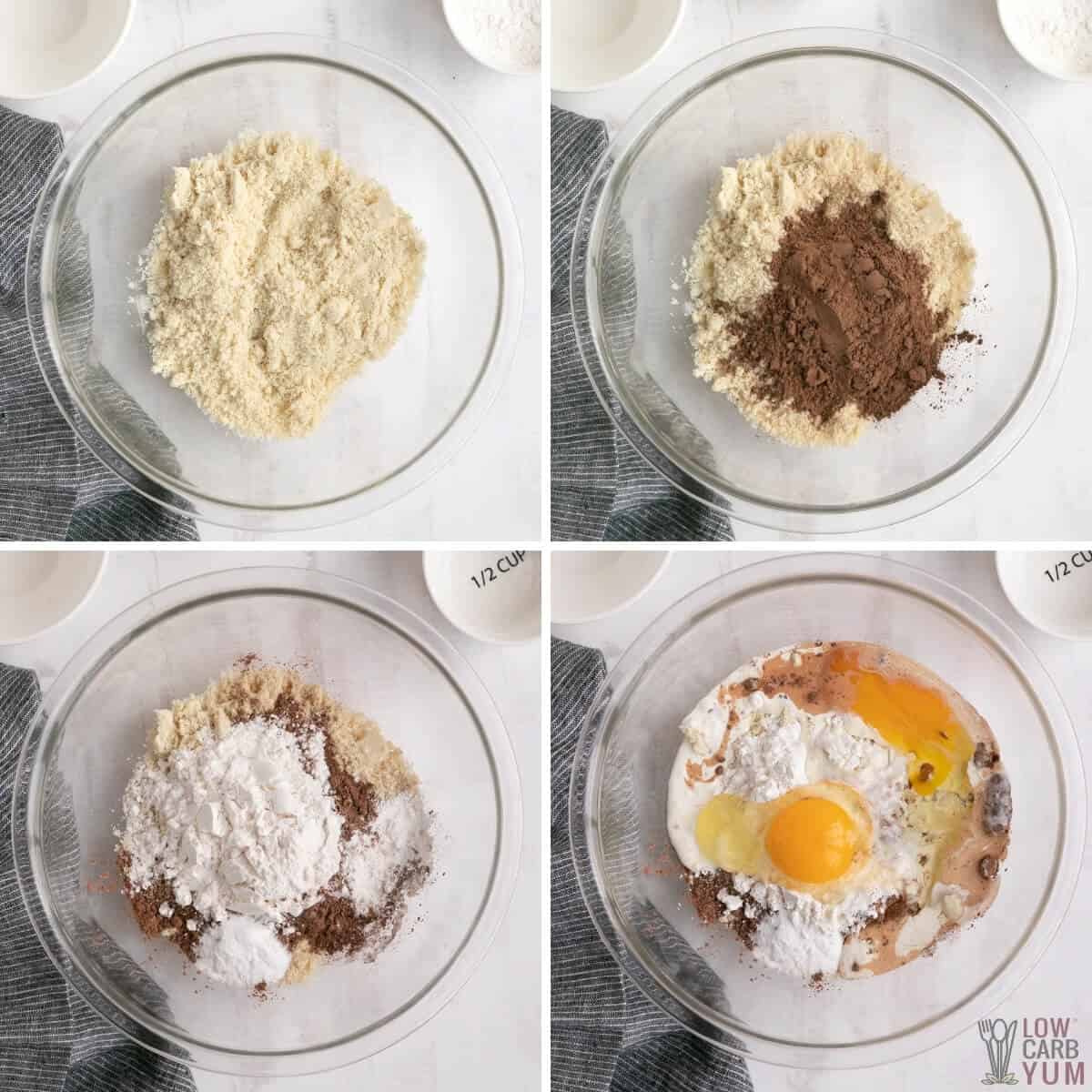 mixing chocolate donut batter in bowl