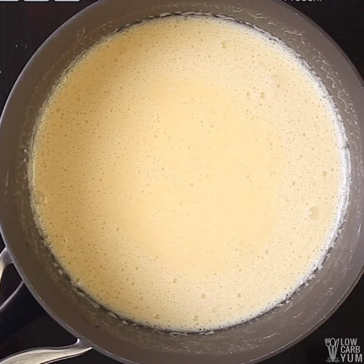 heating vanilla ice cream mixture in skillet