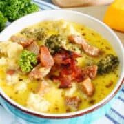 broccoli cauliflower cheese soup in bowl