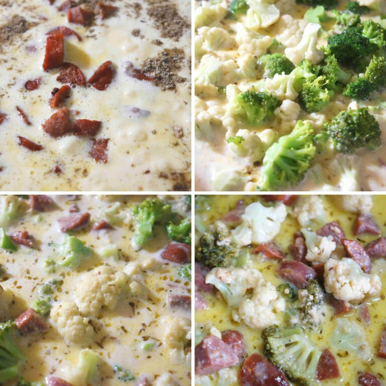 Broccoli Cauliflower Cheese Soup with Sausage Low Carb Yum