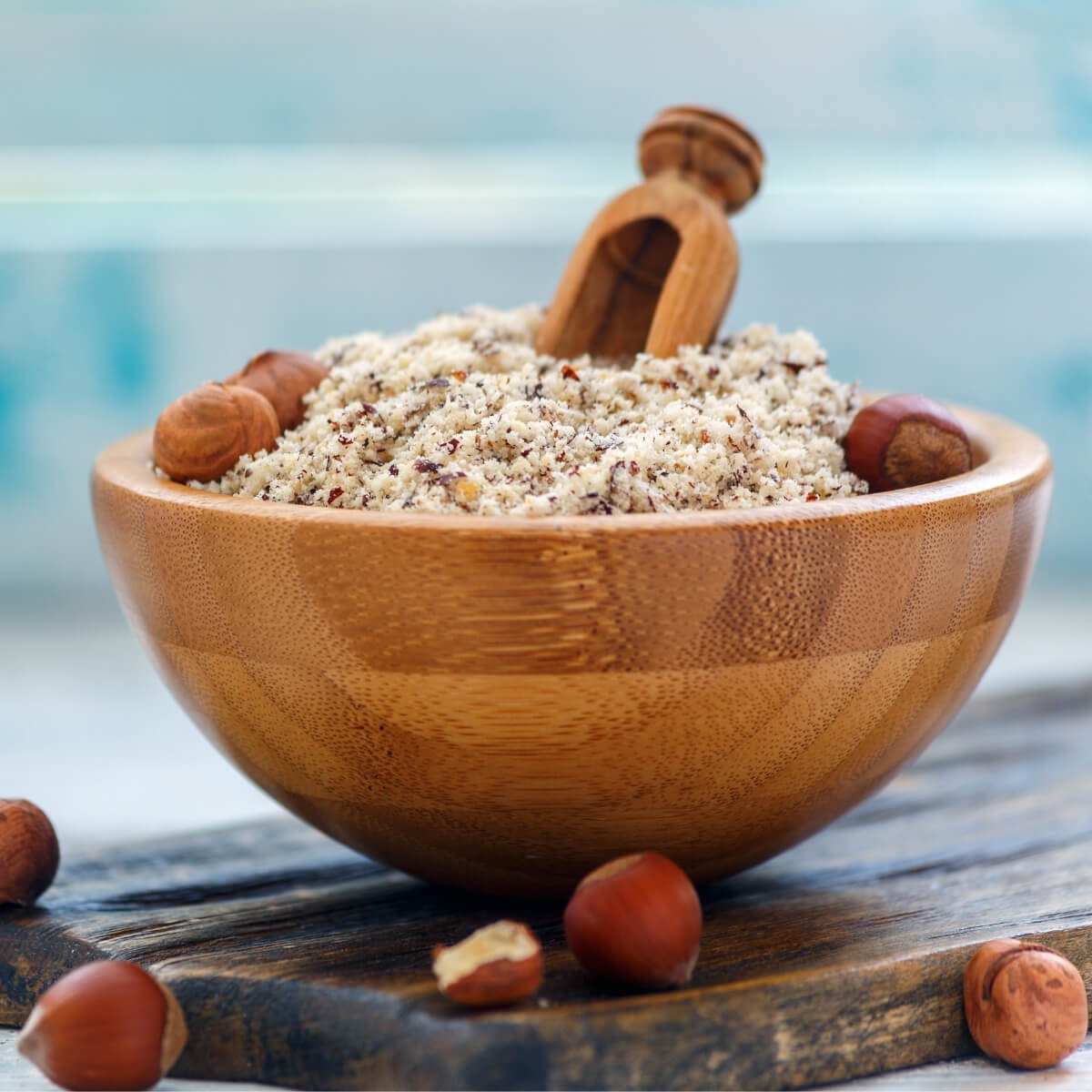 hazelnut flour in wood bowl