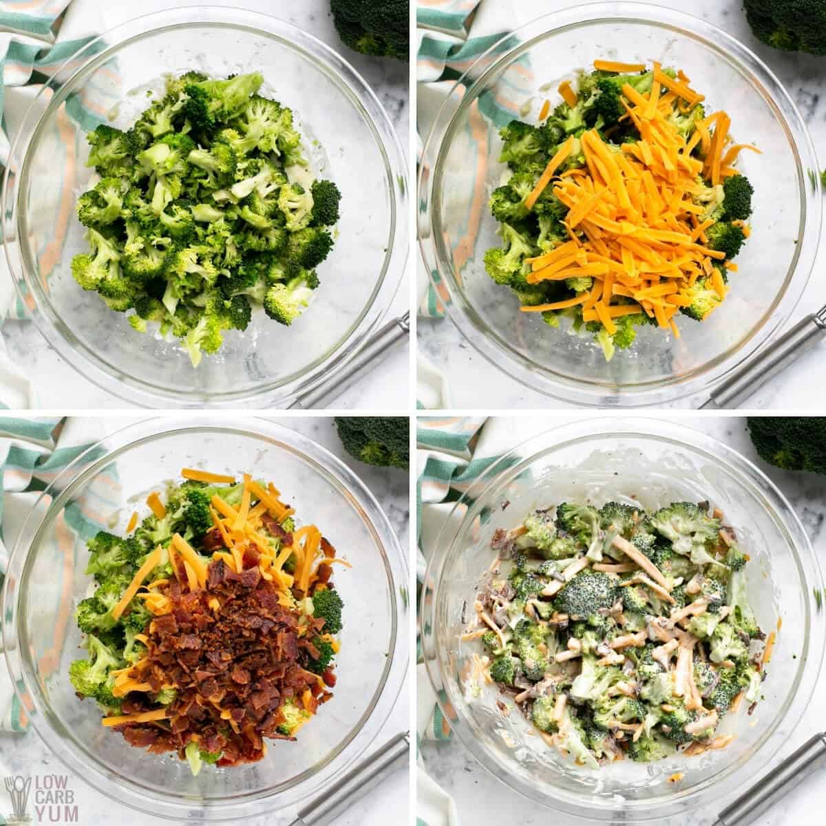 preparing the broccoli salad in mixing bowl