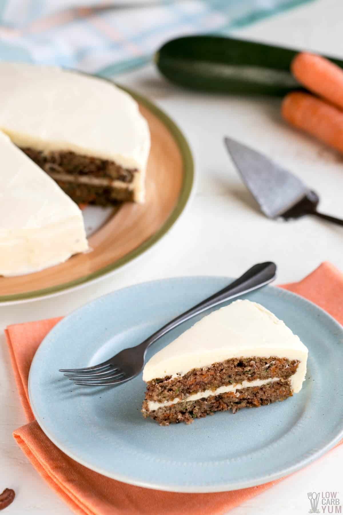 keto carrot cake slice on blue plate