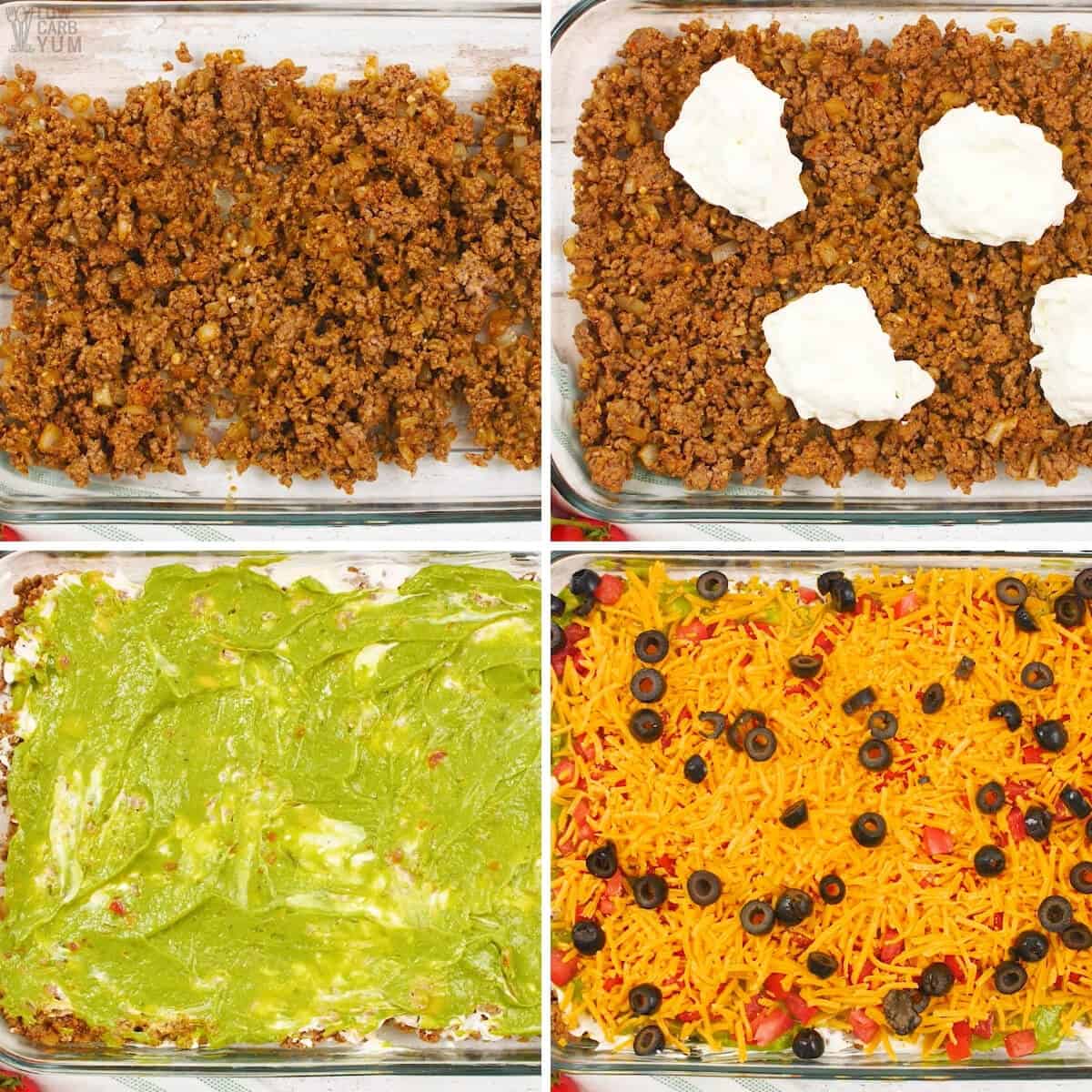 layering mexican dip ingredients in casserole pan