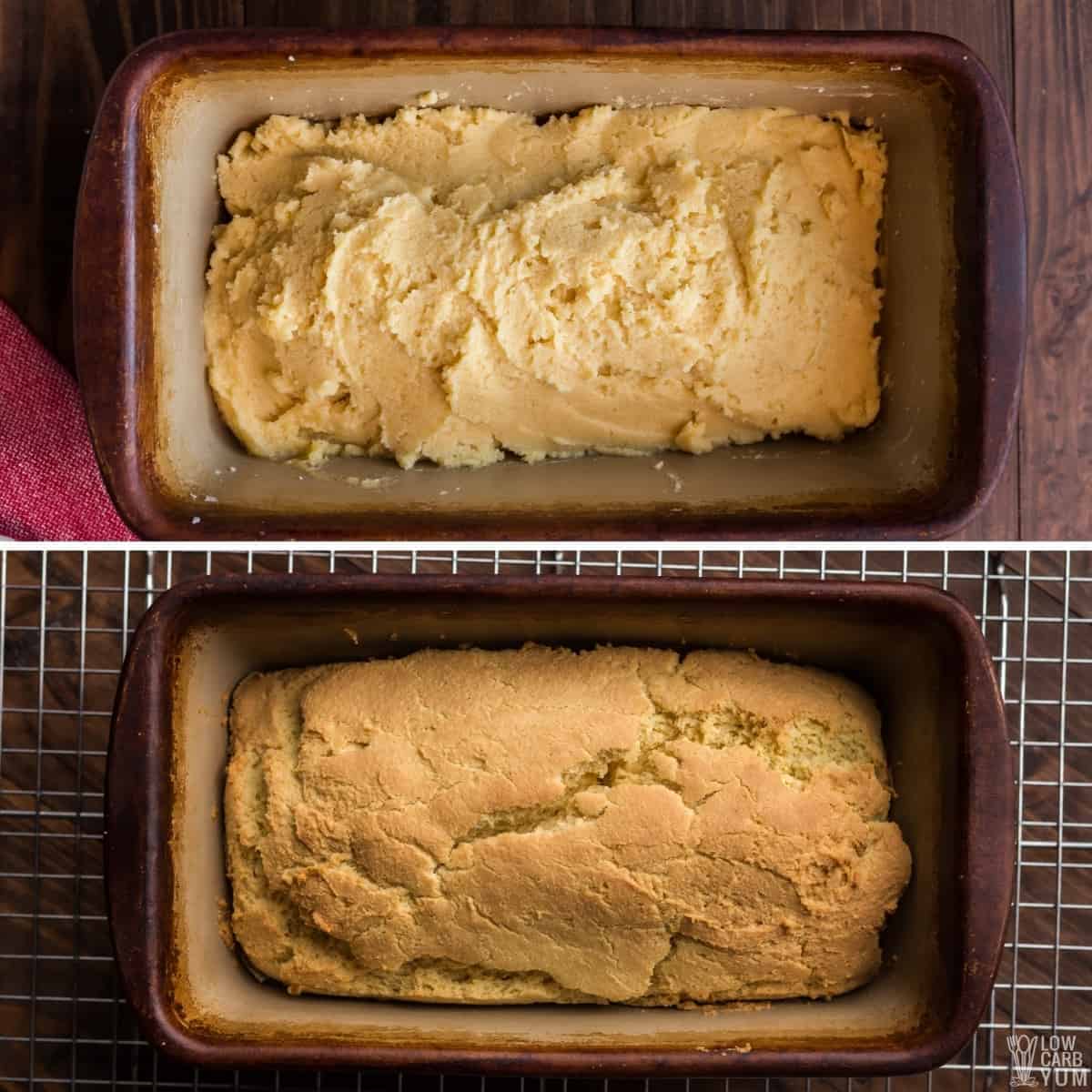 baking the quick keto bread batter in stoneware pan