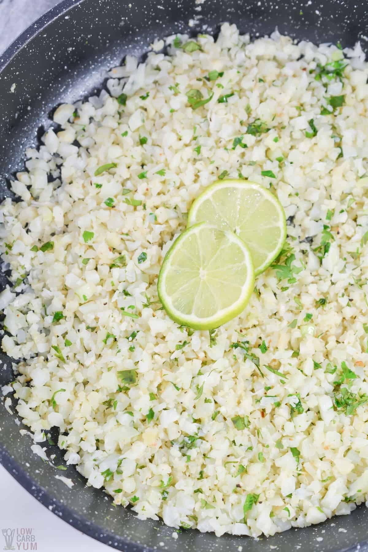 cilantro lime cauliflower rice in pan
