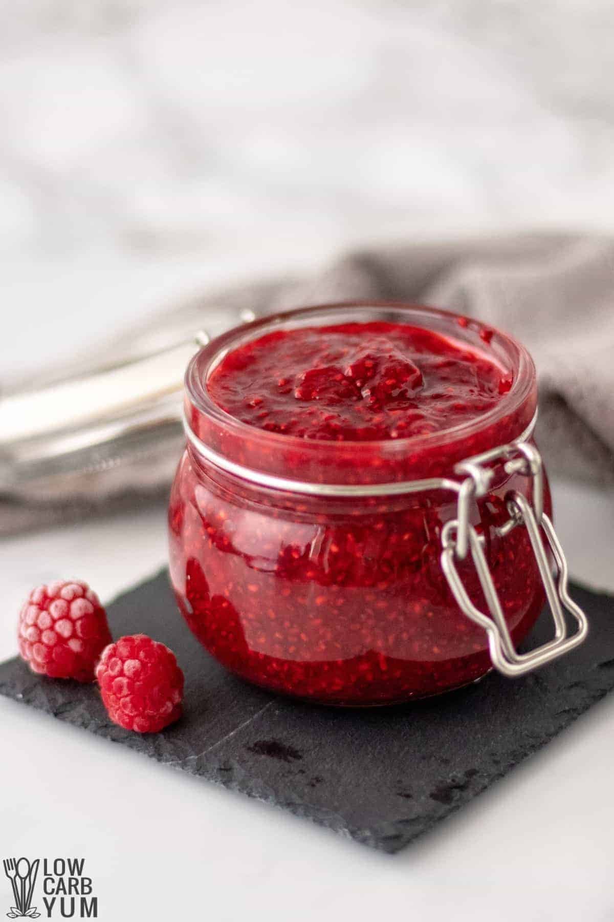 chia sugar free raspberry jam in jar